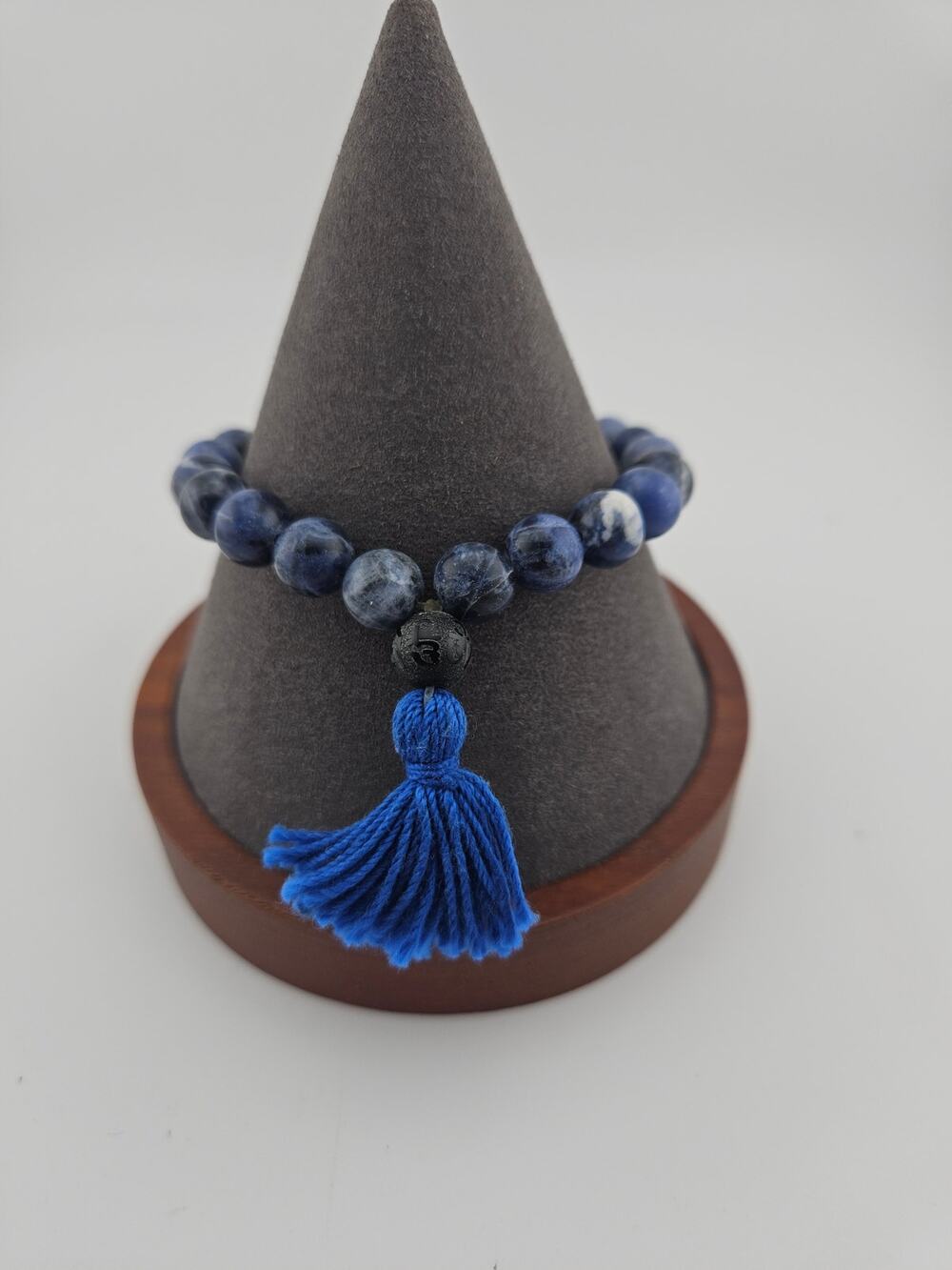 Marbled Bead Tassel Stretch Bracelet Navy Blue Natural Earthy Boho Stackable